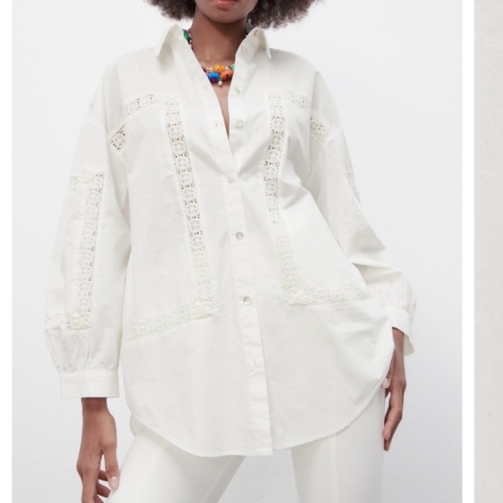 Zara poplin lace-detail button down shirt - Picture 1 of 7